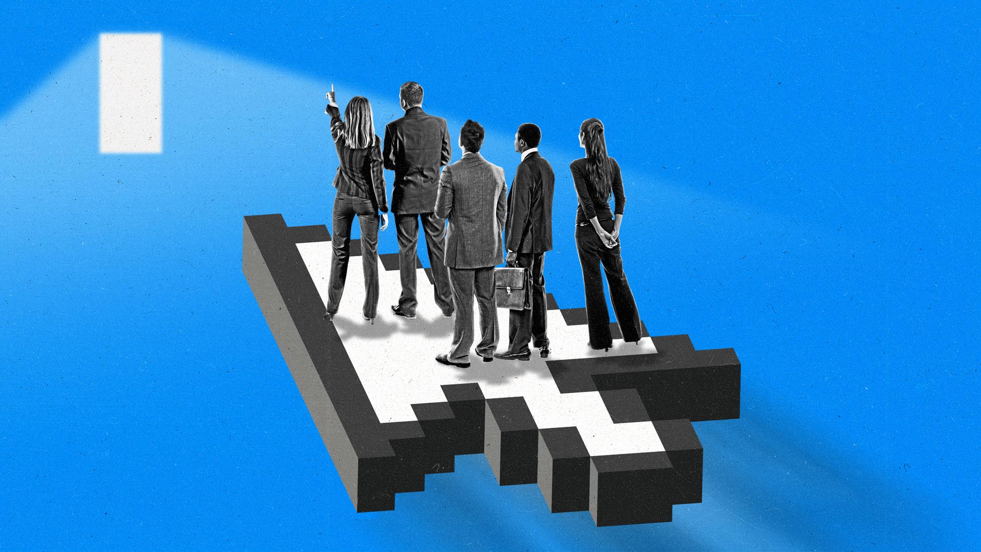 People dressed in business clothes stand on a mouse cursor approaching an open doorway in the distance.