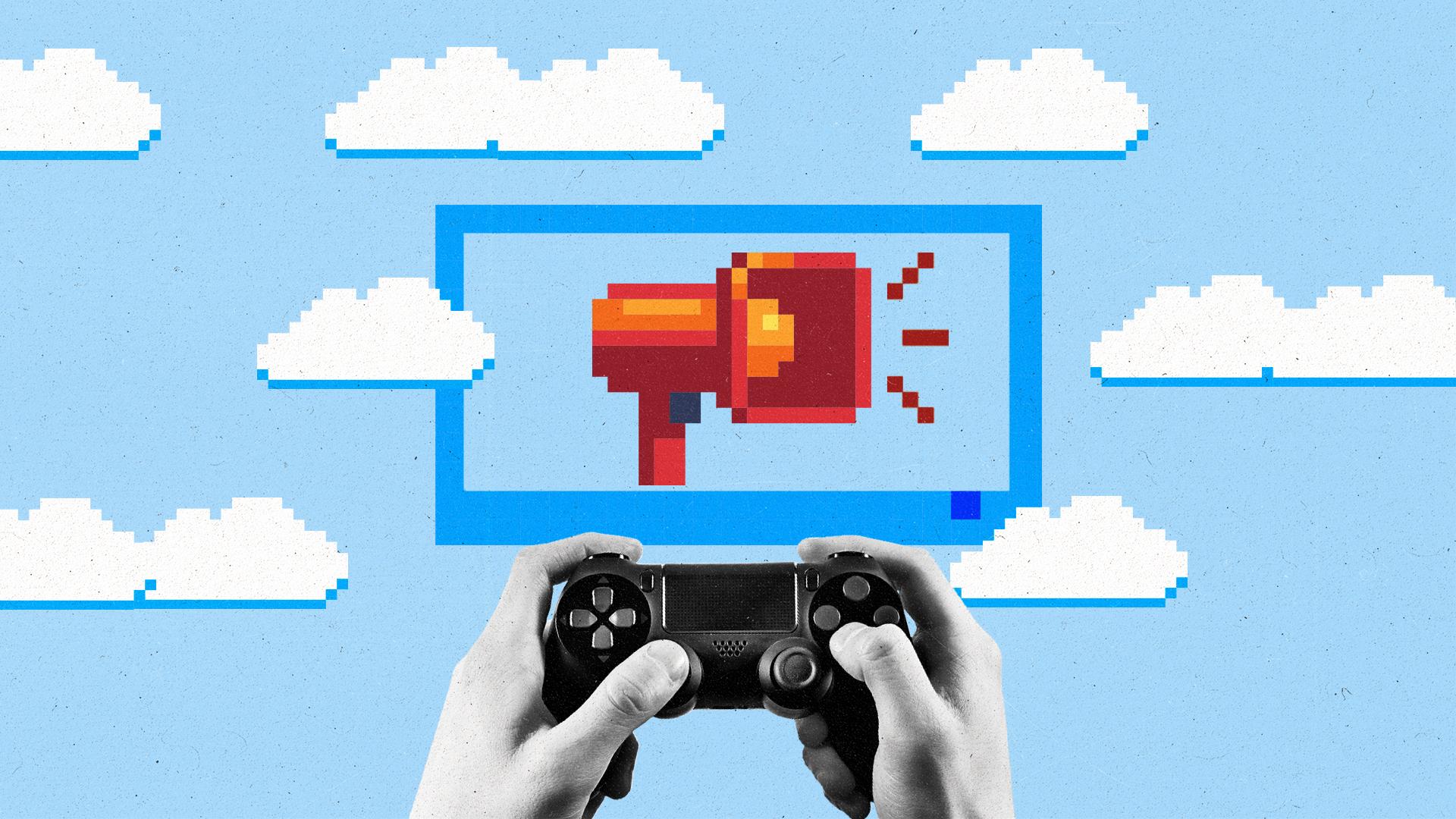 Hand holds video game controller with a comic book style sky with clouds and microphone in the background.