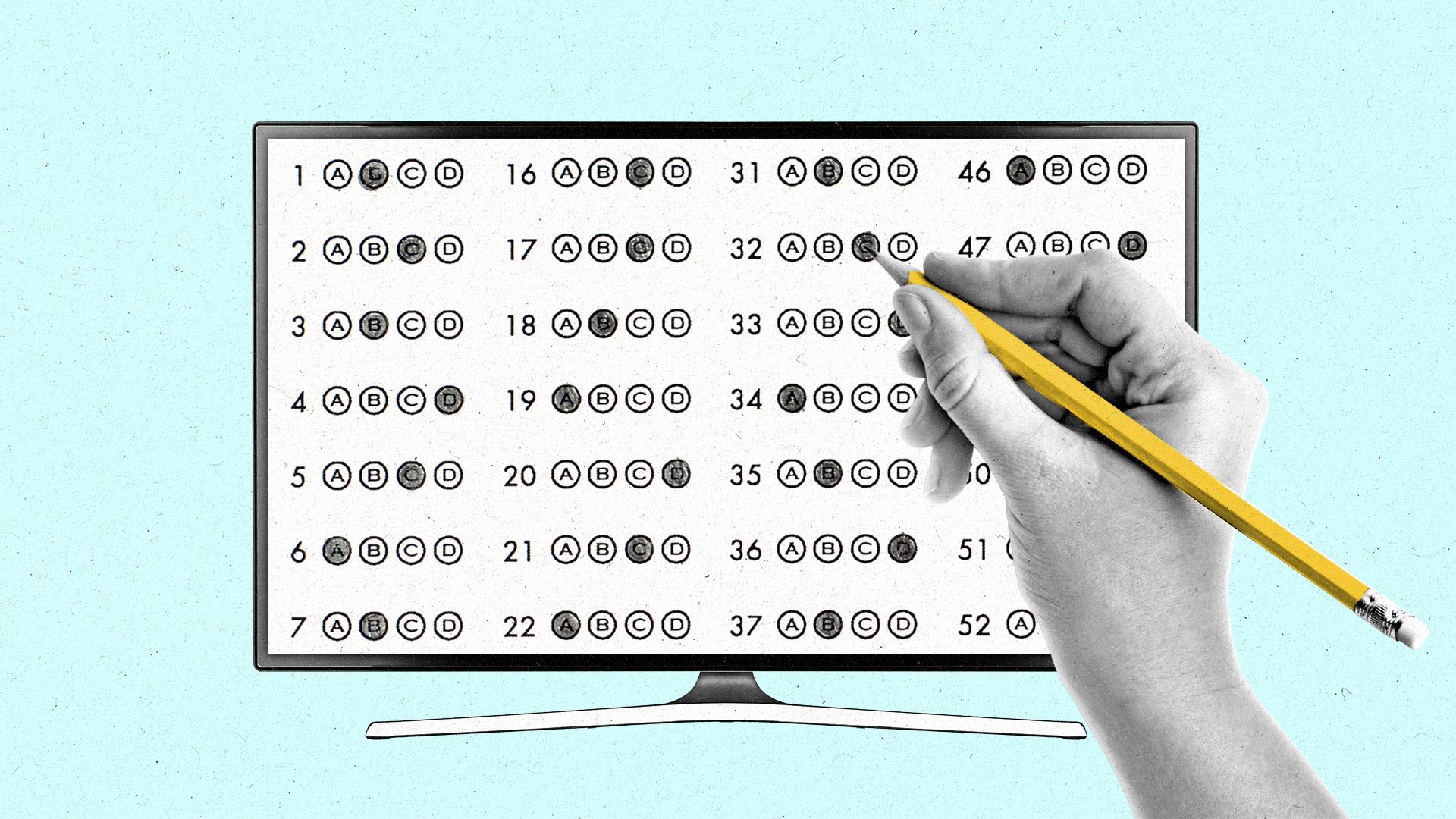 Hand with pencil fills out an answer sheet that appears on a digital monitor.