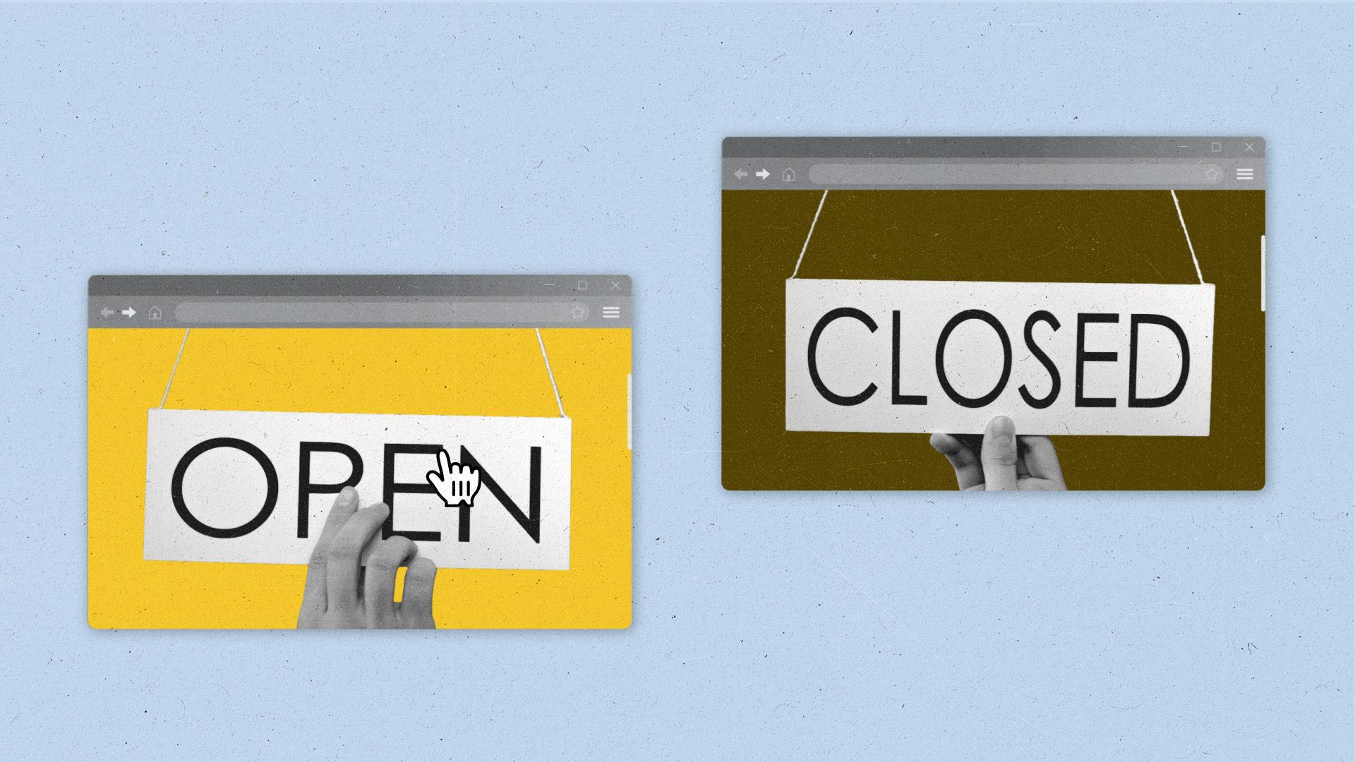 Two web browser pages showing one with an open sign and the other with a closed sign.