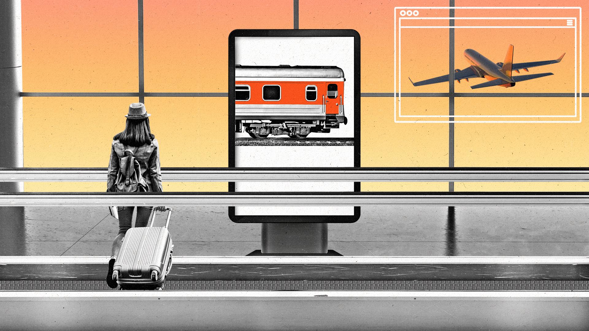 Person with luggage at airport looks out at airplane in sky with a web browser around the plane and a digital advertisement beside them with a train on it.