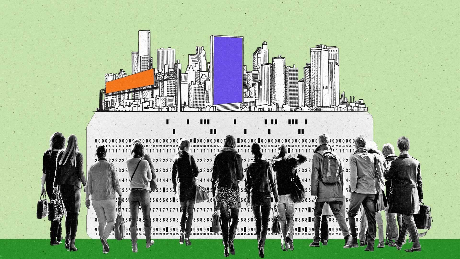 People carrying luggage walk towards a city with large billboards.