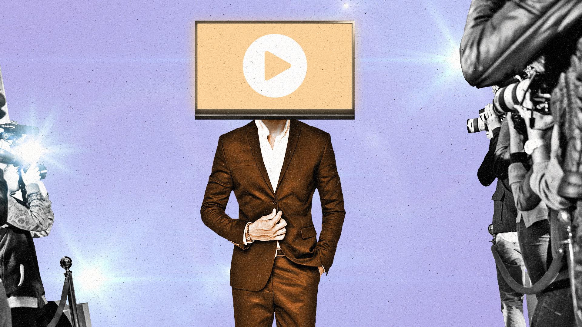 Man a TV for a head poses for paparazzi.