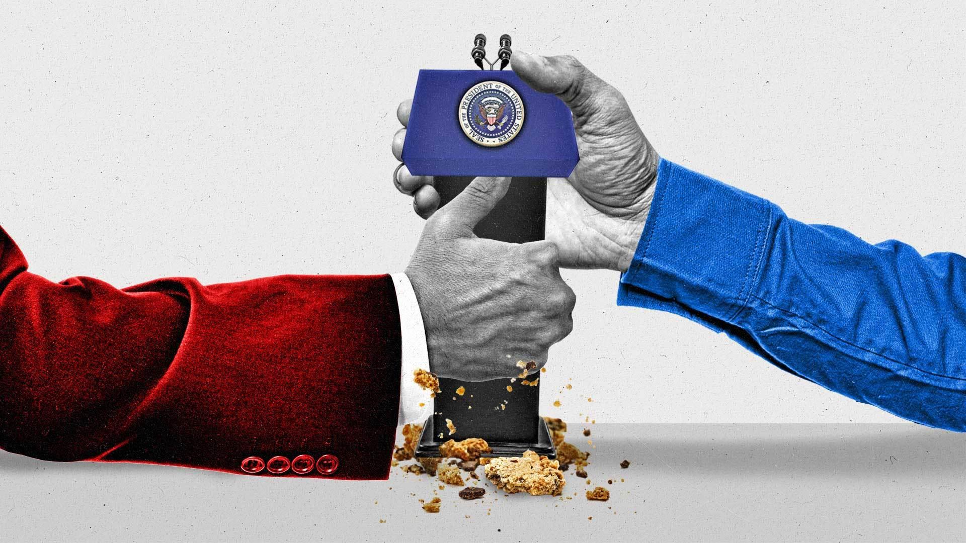 Two hands grab at a crumbling presidential podium. One hand wears a red suit and the other wears a blue suit.