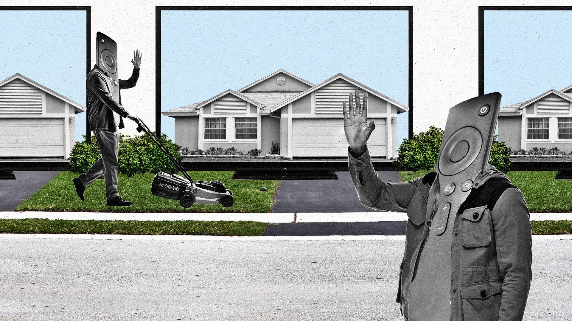 Men with remote controls as bodies wave at each other in a neighborhood of TV screens.