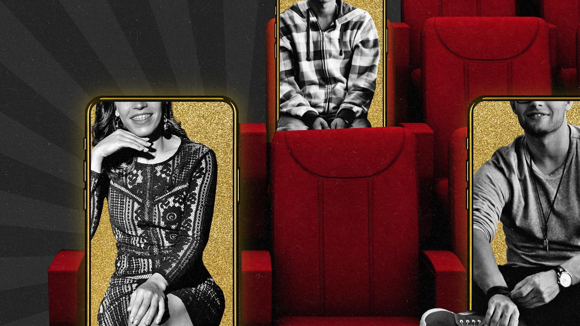 Mobile phones feature people sitting down on movie theatre seats.
