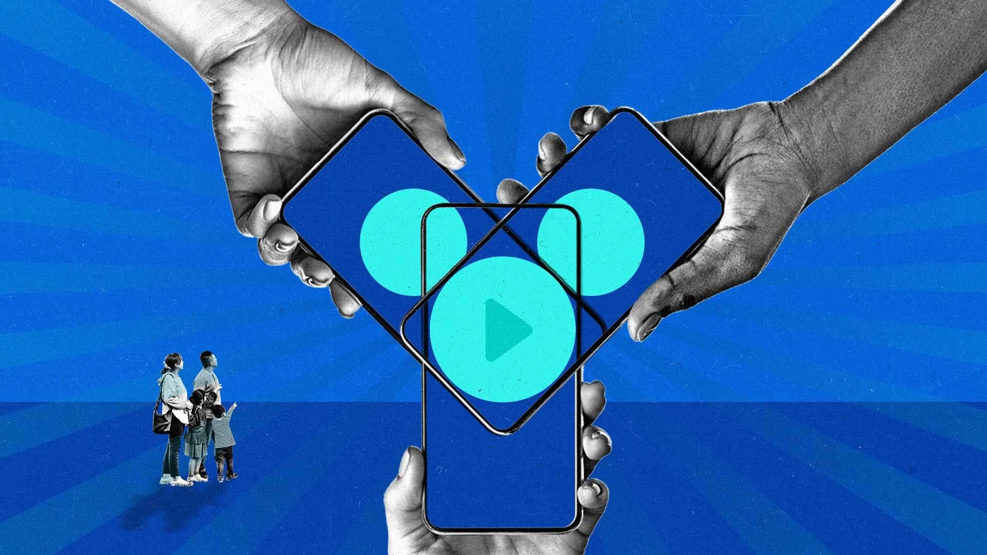 Three hands holding cellphones show a blue play button on the screen.