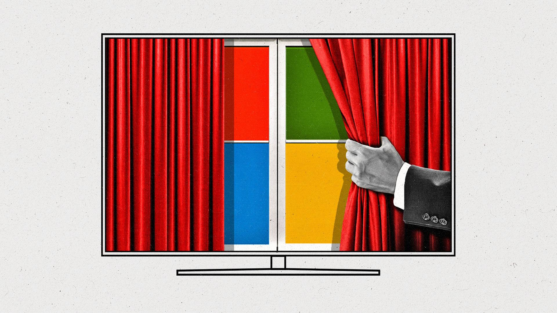 TV screen with a man's hand pulling back curtains revealing a Microsoft-like logo.