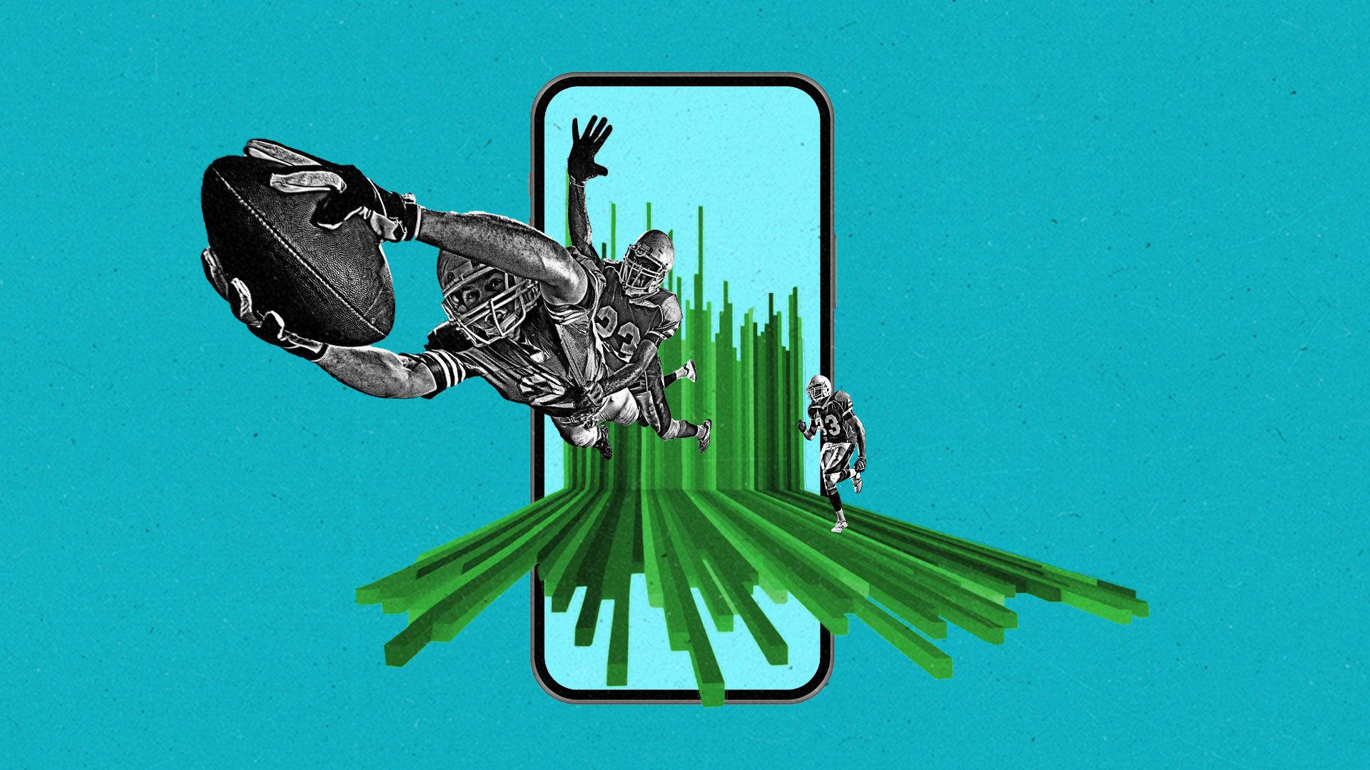 With ball in hand, a football player jumps towards a viewer from a stylized bar chart emerging out of a smartphone.