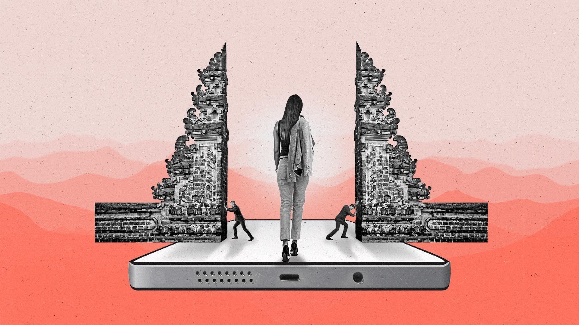 A woman walks along a smartphone towards a gap between two iconic walls being push aside by men in business suits.