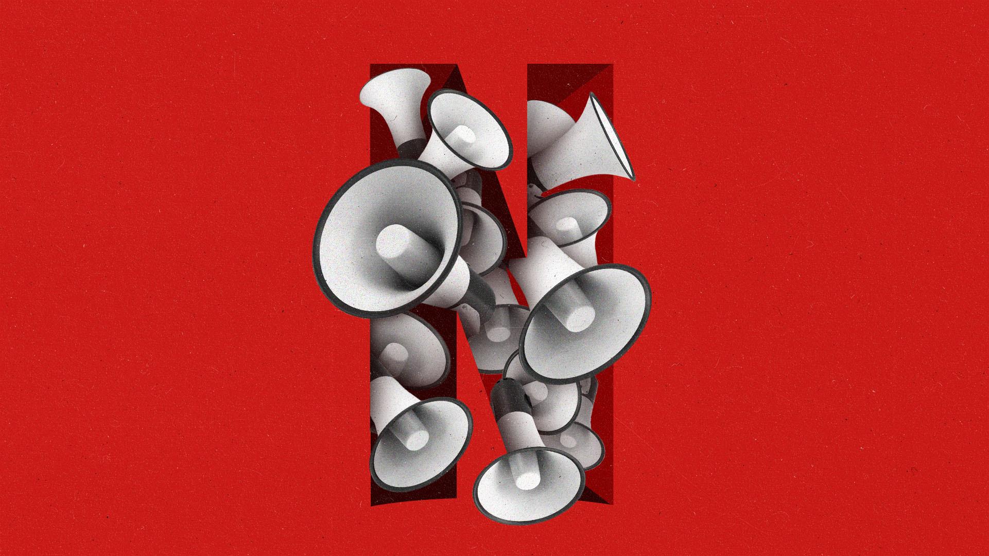 A capital N filled with megaphones on a bright red background.