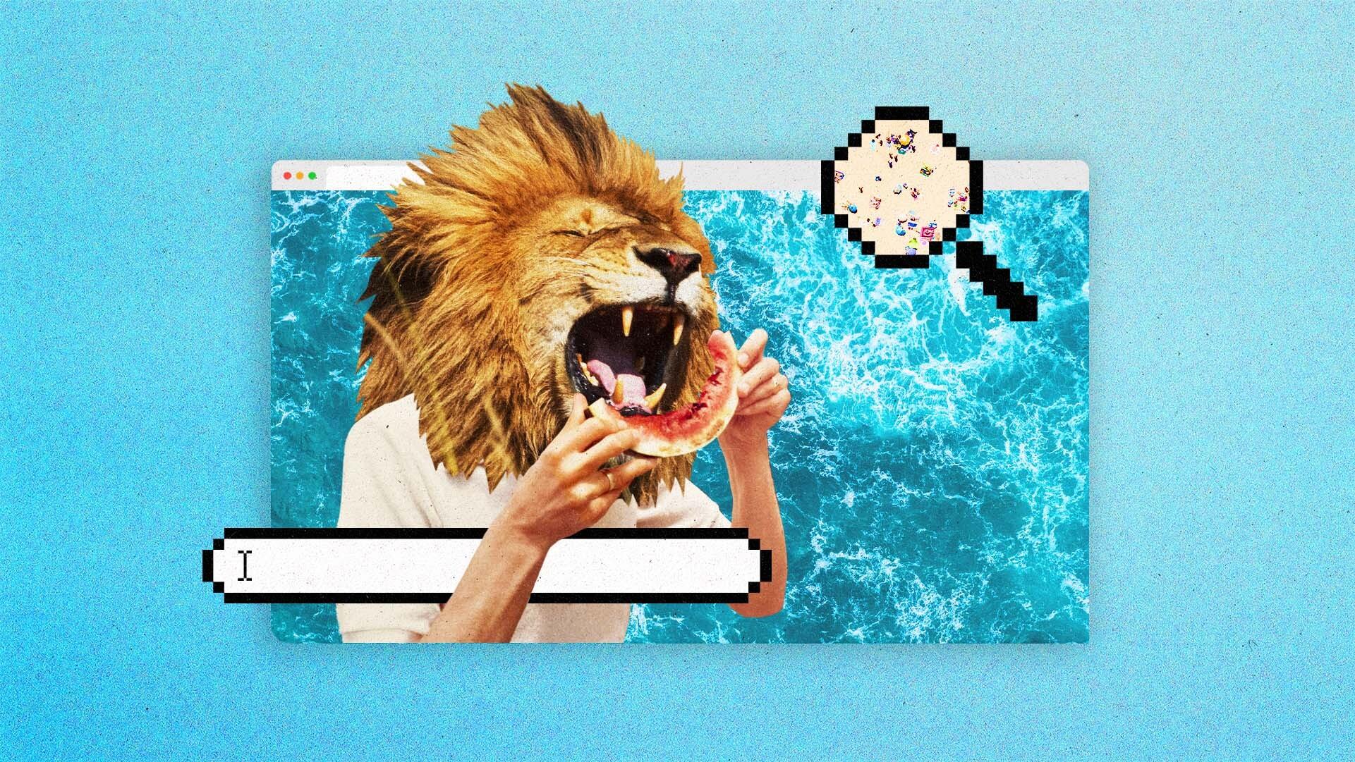 A lion head on a man's body eating a slice of watermelon with a pixelated magnifying glass and data field in front of it, and a browser window with an ocean background behind it.