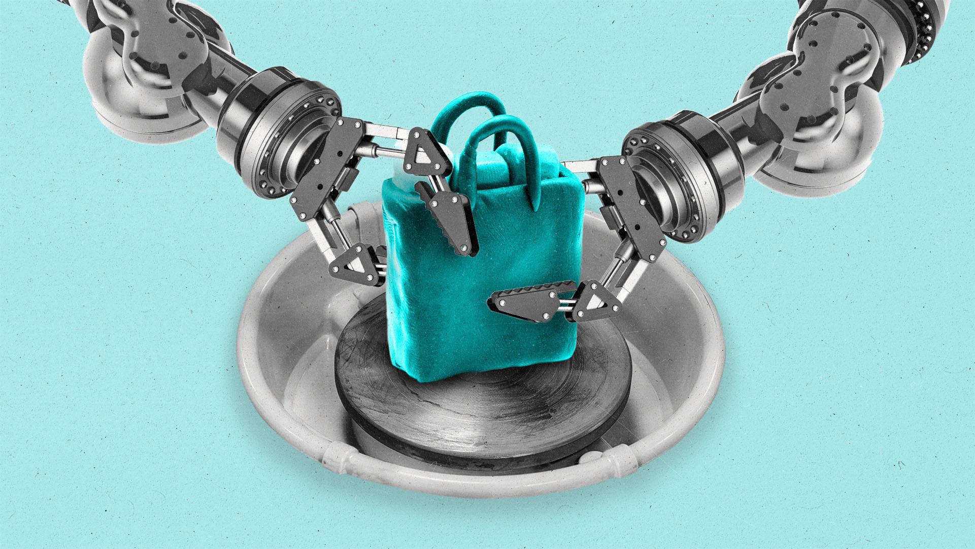Two claw robot hands shape a clay shopping bag on a pottery wheel.