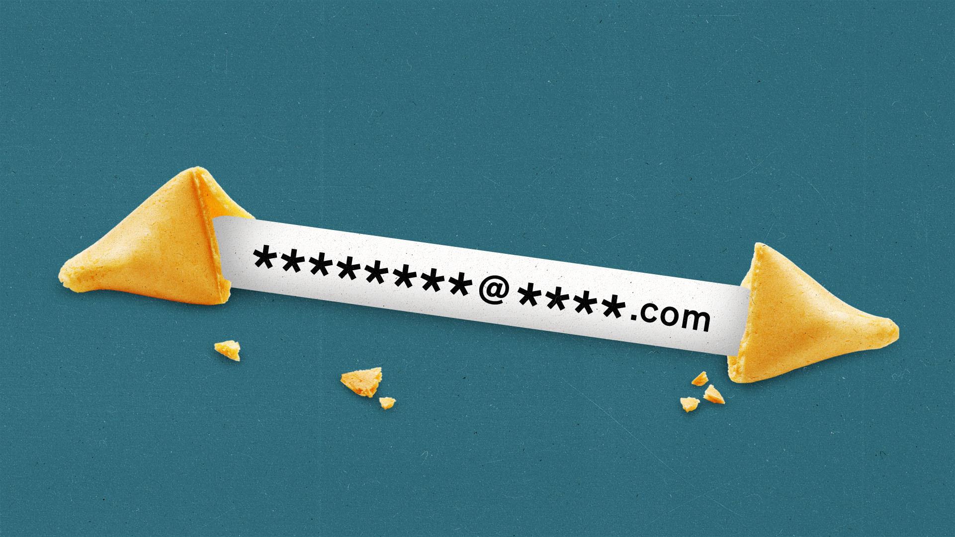Two halves of a fortune cookie are broken apart with an email input field between them like a fortune.
