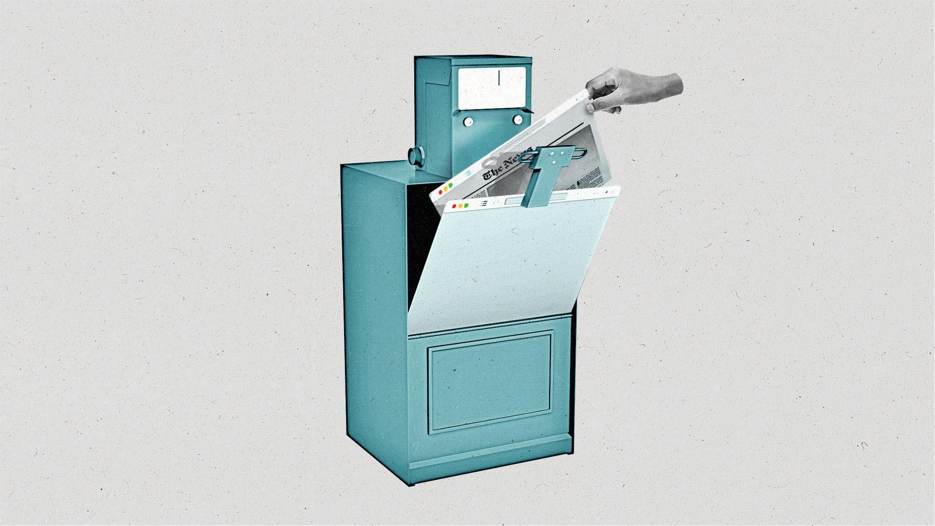 A newspaper vending machine with a browser window door opens as a hand withdraws a news website from it.