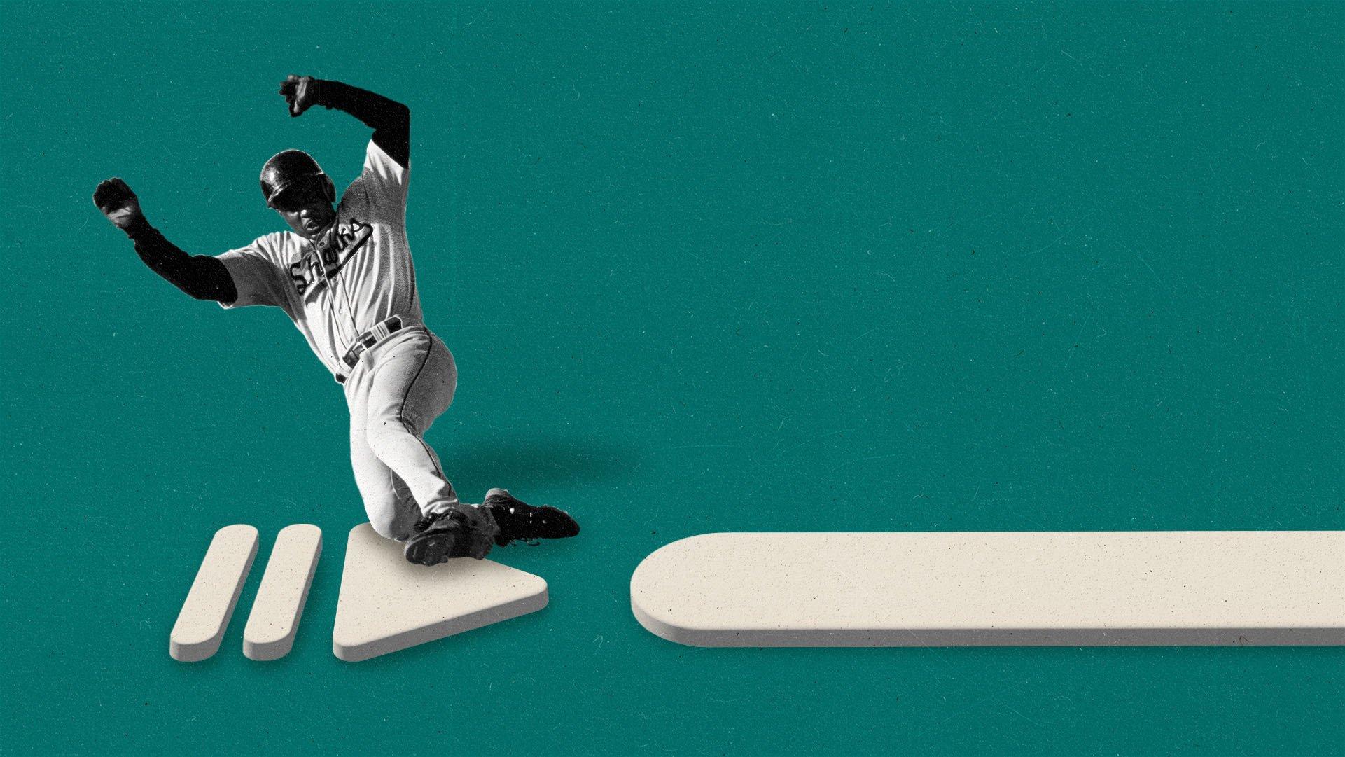 Baseball player sliding home onto a 3 dimensional play button.