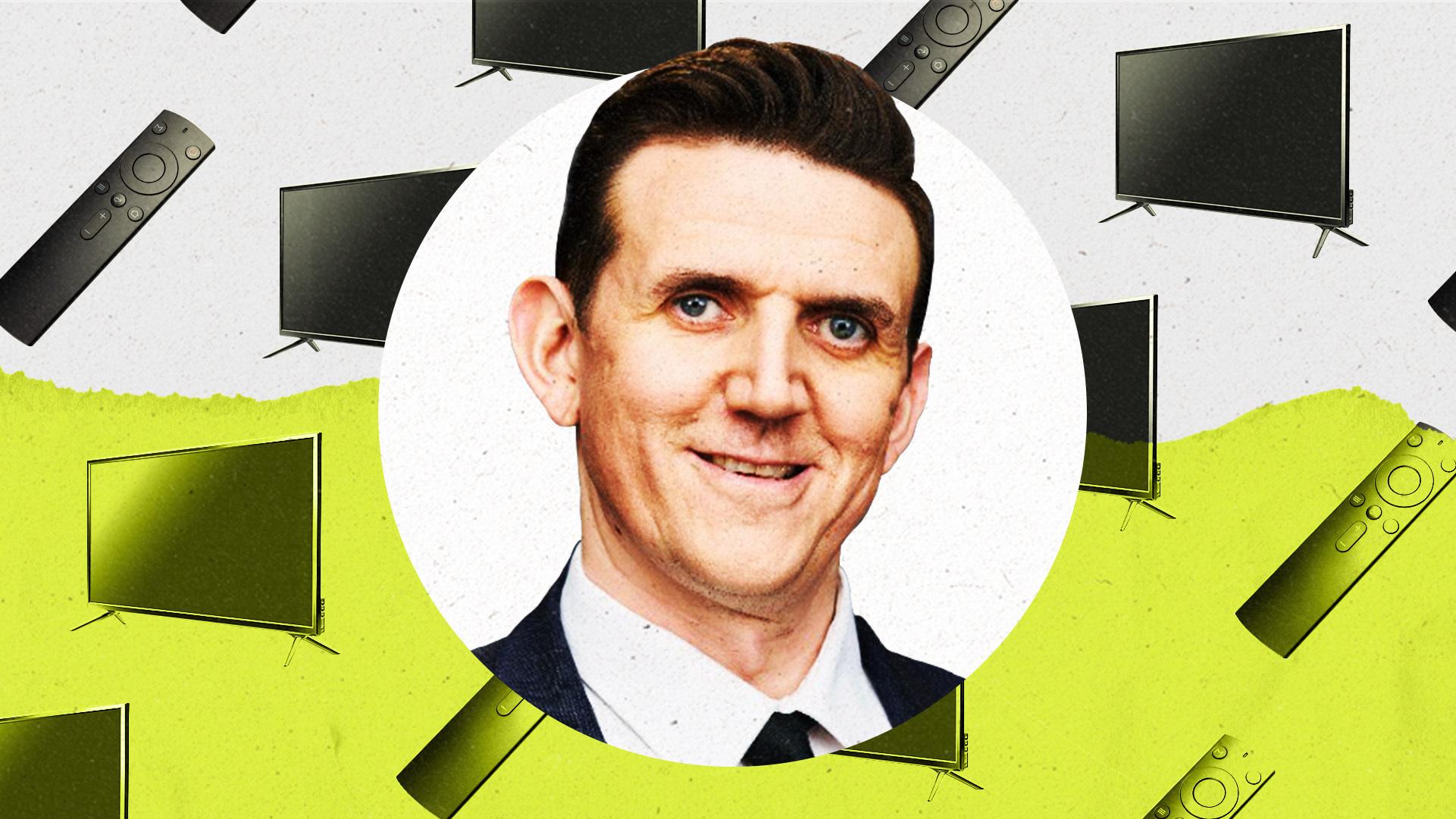 Headshot of Jordan King from NINE TV surrounded by TV's and CTV remotes.