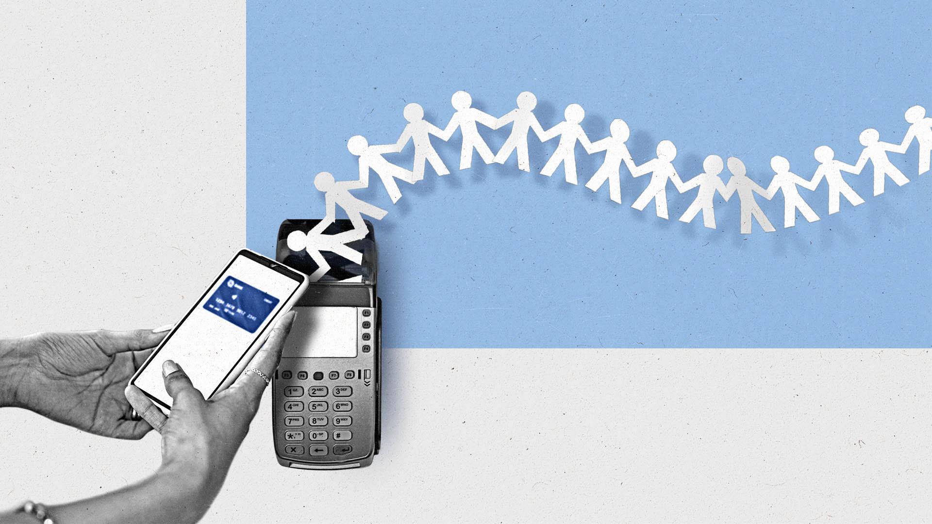 The scanning of a credit card at a terminal outputs a paper dolls receipt.