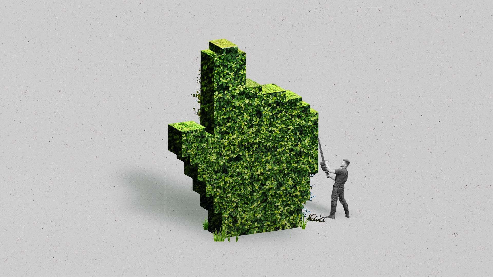 A man uses a gardening tool to trim a shrub in the shape of a finger cursor.