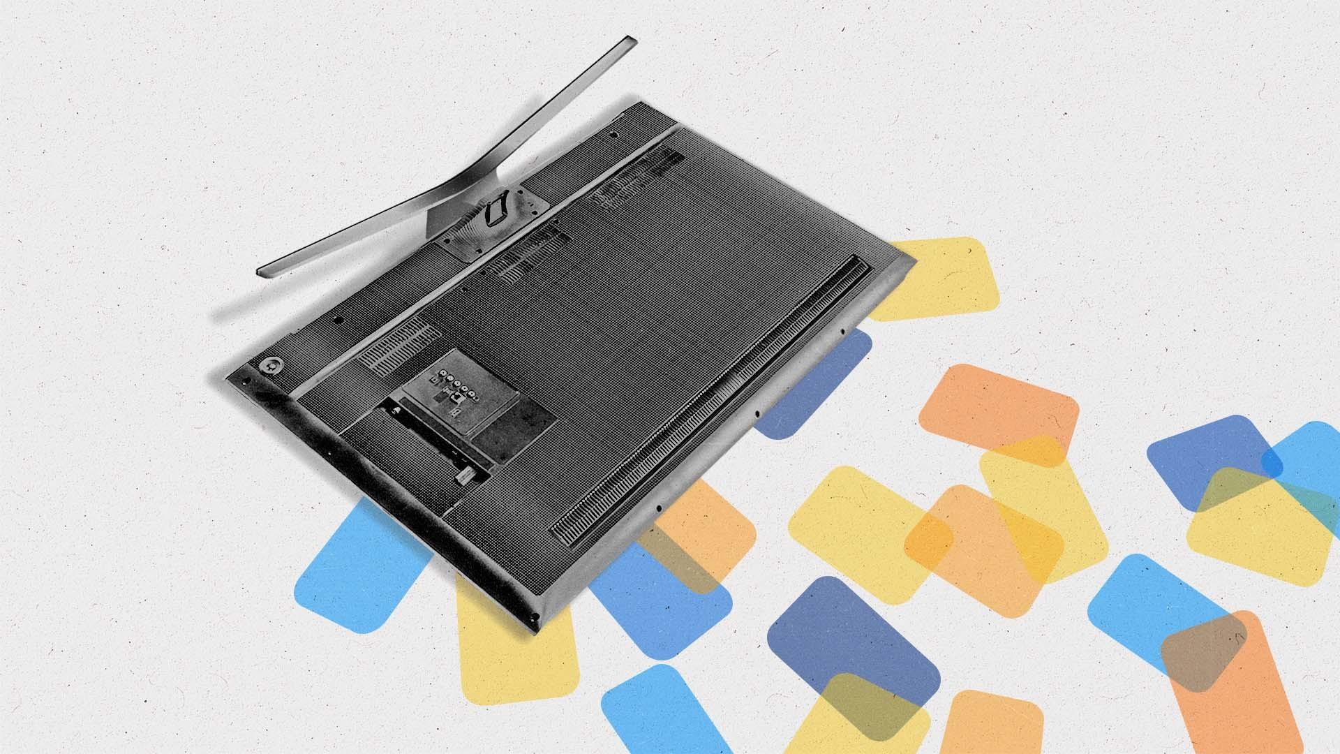 A connected TV is tipped over on its screen, spilling myriad multicolored apps on the ground around it.