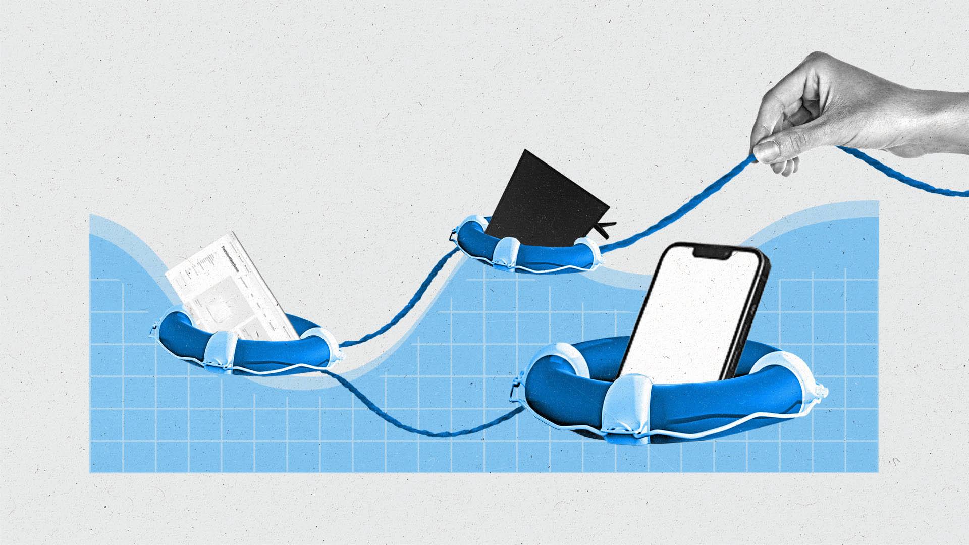 A browser window, a connected TV, and a smartphone float in life preservers within a blue line graph as a hand pulls them to safety.