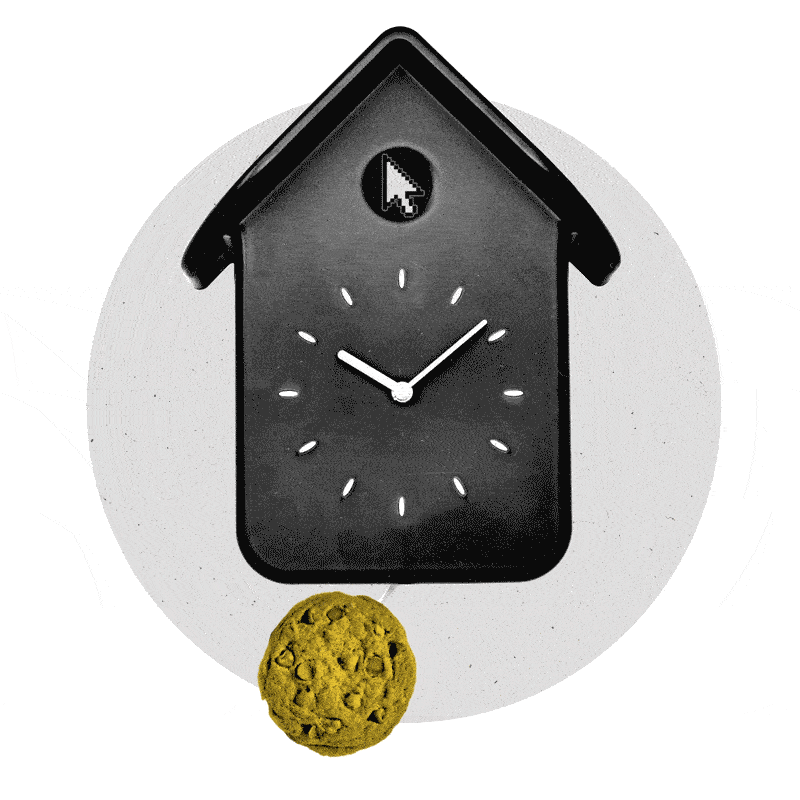 A pendulum with a cookie on it swings on a wall-mounted clock.