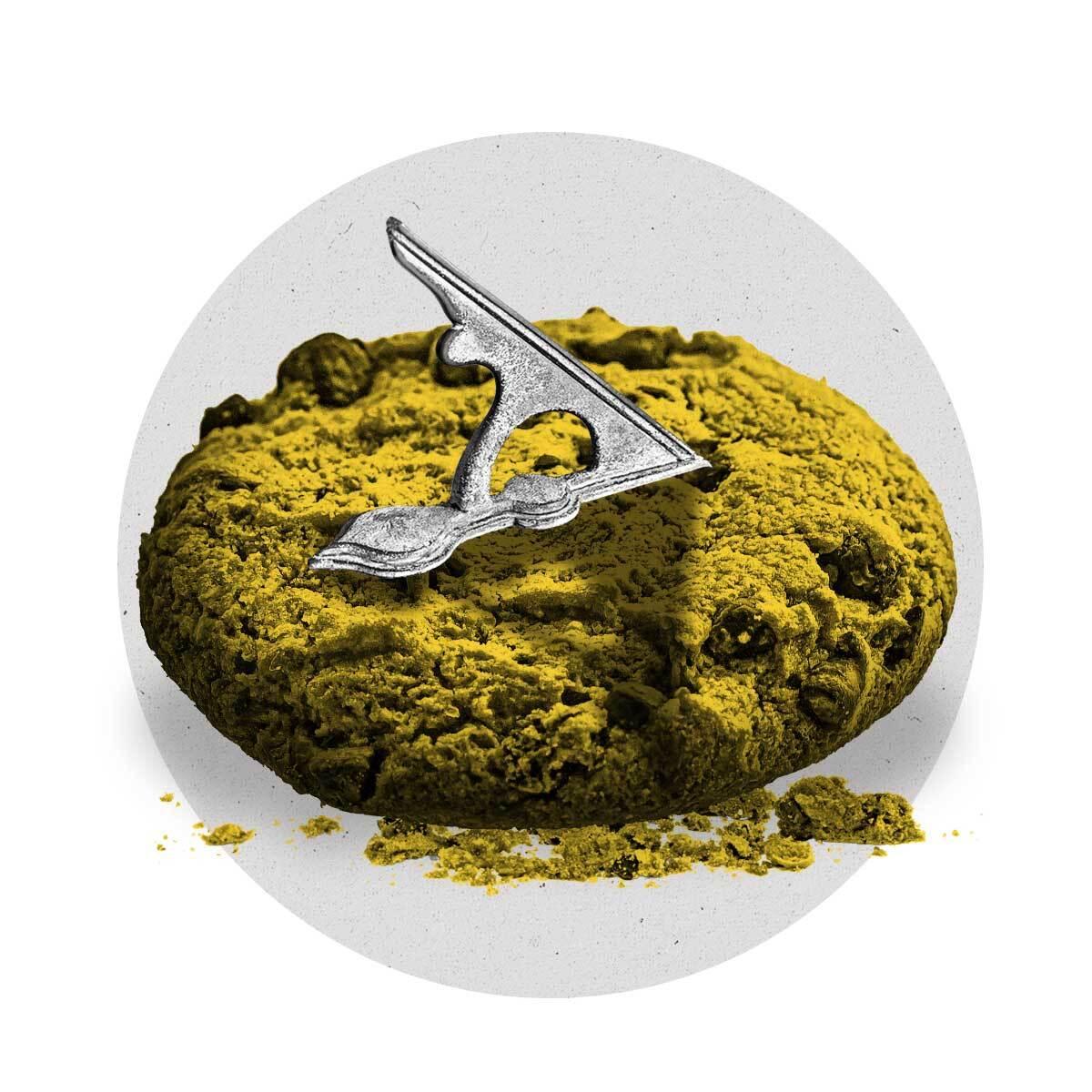 A sundial on a cookie casts a shadow towards the cookie crumbs below it.