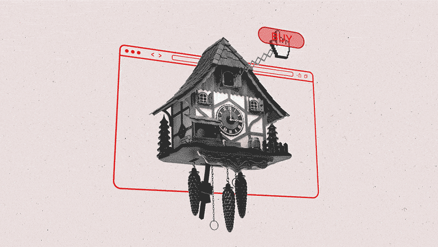 A cuckoo clock on a browser window reveals a finger cursor that pops out and clicks a button with the word "BUY" on it.