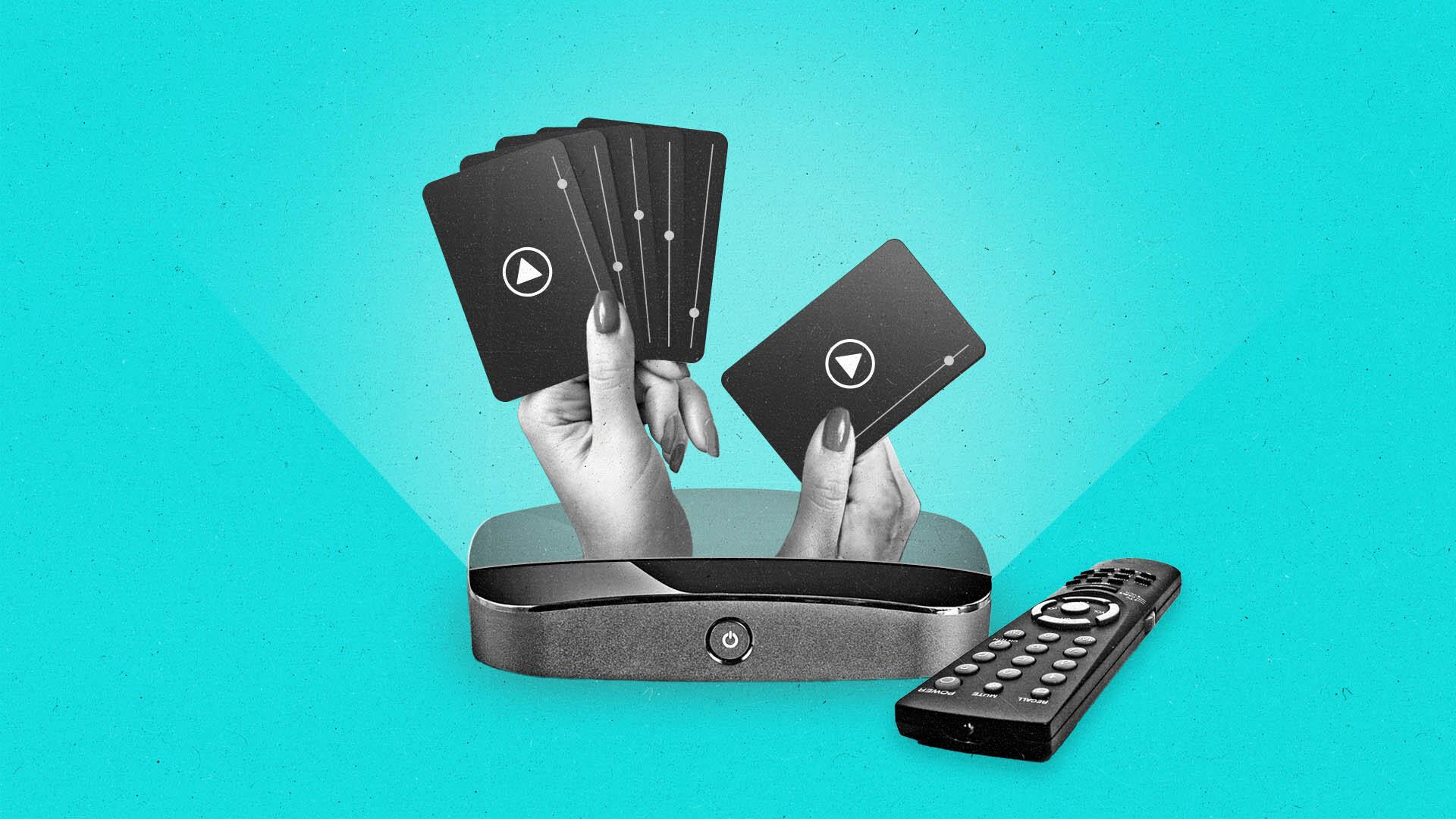 Two hands holding a variety of streaming screens emerge from a streaming box.