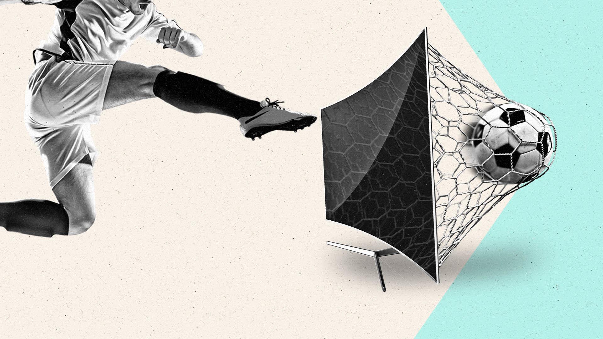 A soccer player kicks a soccer ball through a Connected TV, with the ball catching itself in a net on the other side.