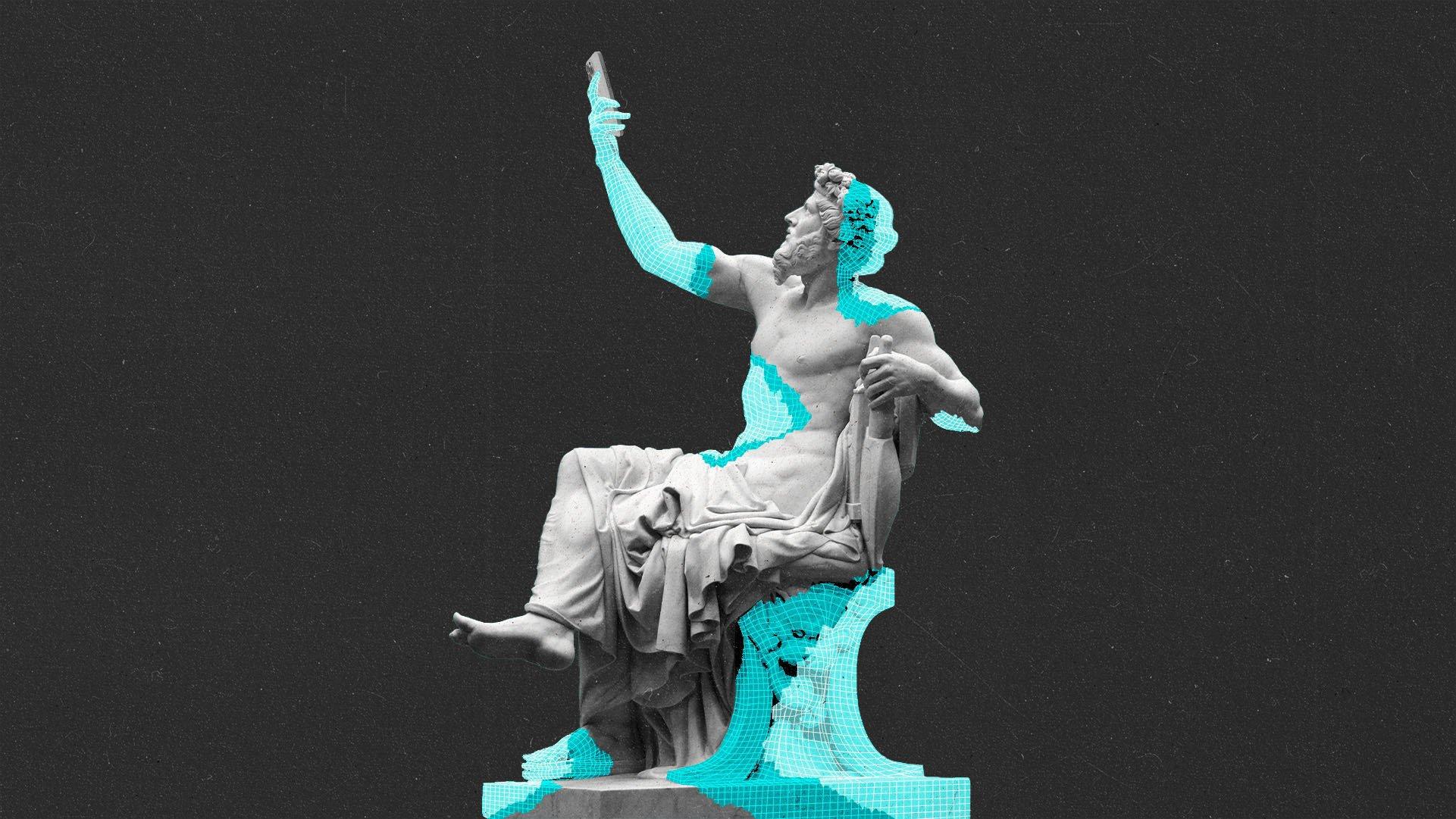 marble statue of a male figure holding a phone, pieces of it are made of blue wireframe.